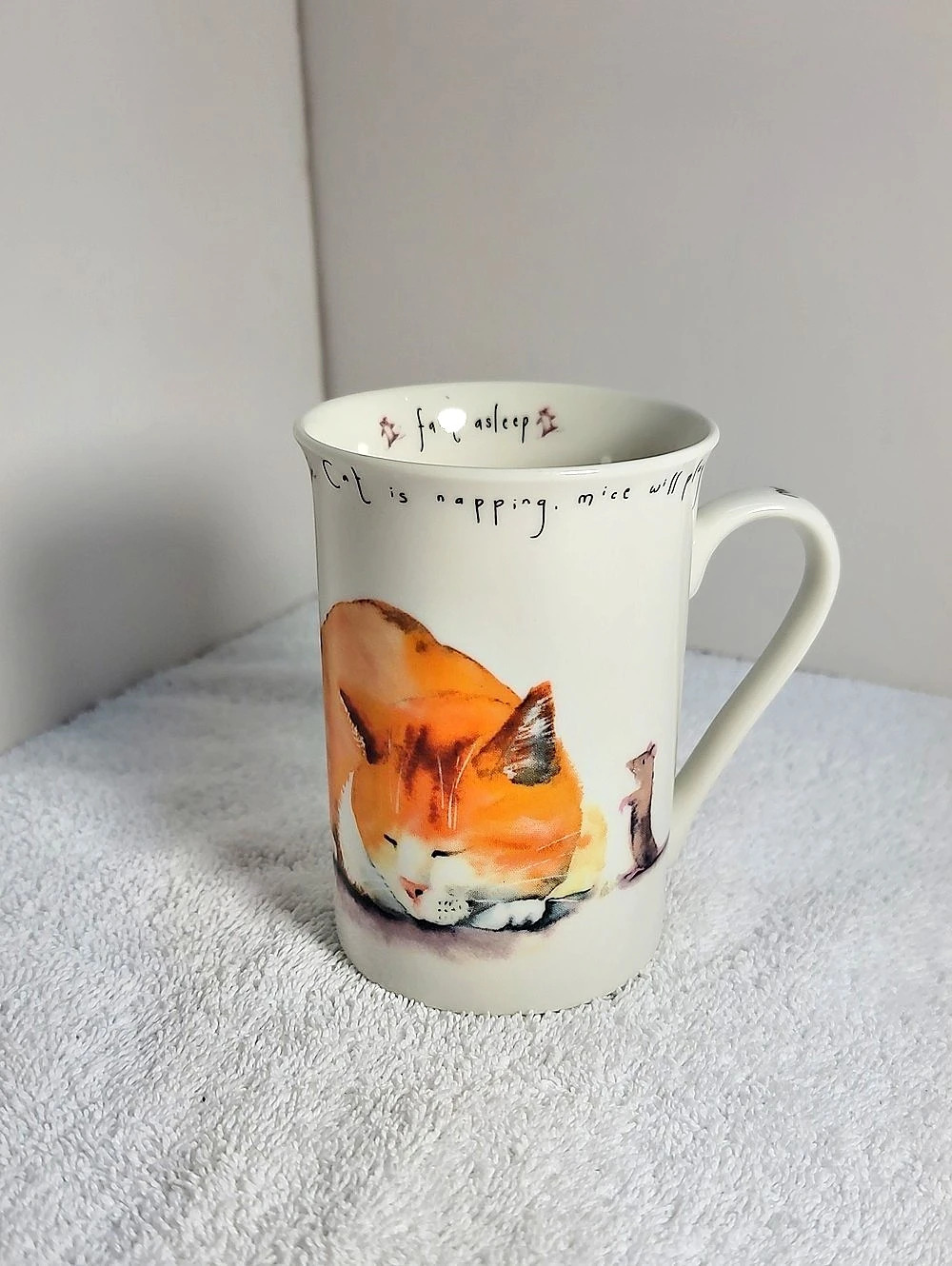 Kent Pottery Cat is Napping Mice Will Play Tall Mug White & Orange EUC